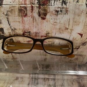 Two-Tone Rectangular Reading Glasses — Brown & Mustard with prescription lenses